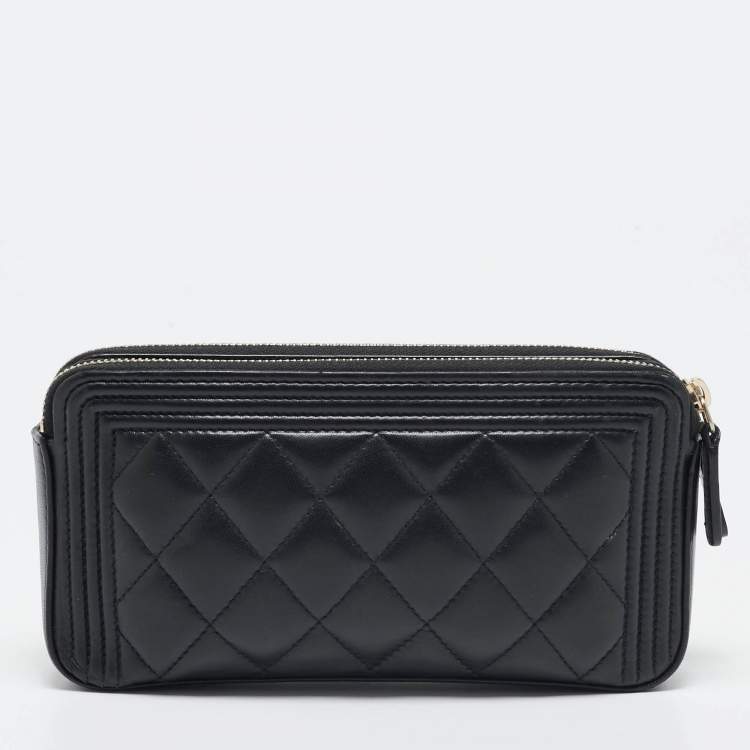 Pre Owned Chanel Black Quilted Leather Boy Double Zip Wallet On Chain