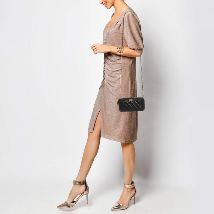 Pre Owned Chanel Black Quilted Leather Boy Double Zip Wallet On Chain