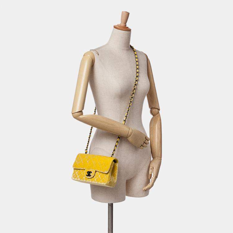 Pre Owned Chanel Yellow Mini Rectangular Classic Velvet Single Flap Bag