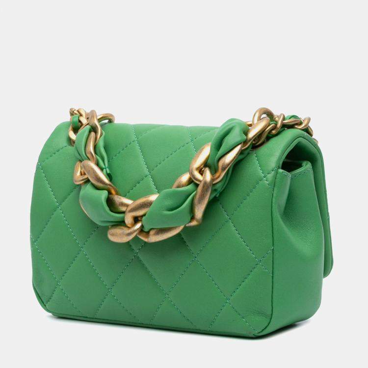 Pre Owned Chanel Green Small Quilted Lambskin Chain Is More Flap Bag
