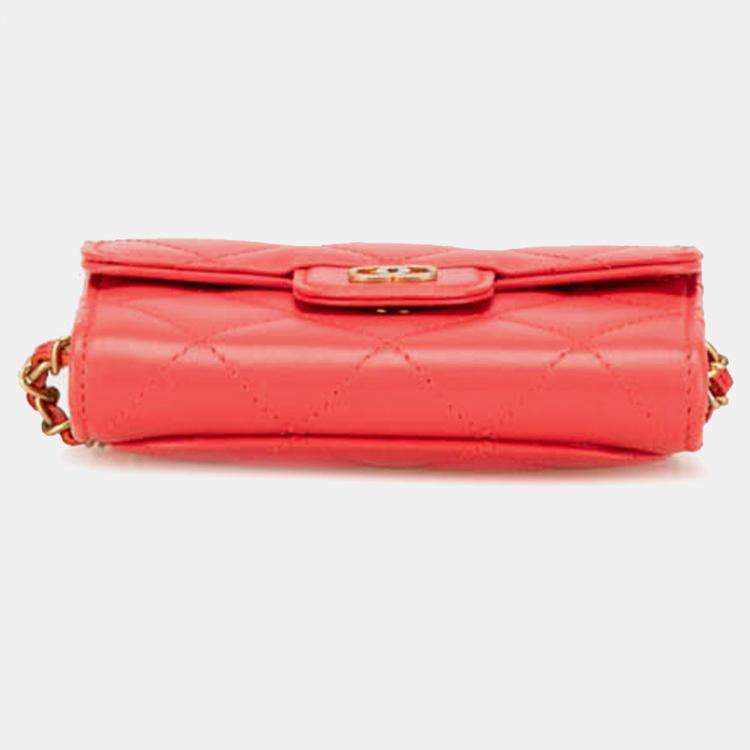 Pre Owned Chanel Red Quilted Lambskin Flap Card Holder on Chain