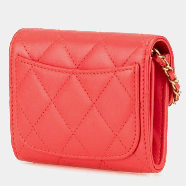 Pre Owned Chanel Red Quilted Lambskin Flap Card Holder on Chain