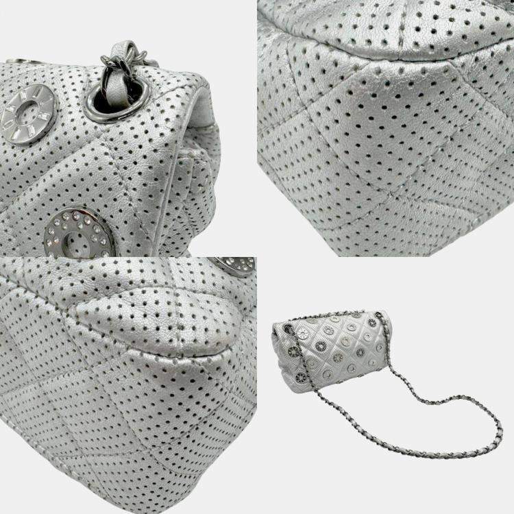Pre Owned Chanel Silver Leather Perforated Chain Shoulder Bag