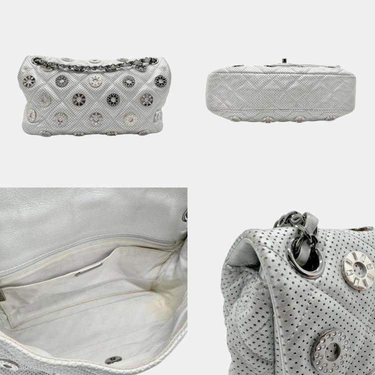 Pre Owned Chanel Silver Leather Perforated Chain Shoulder Bag