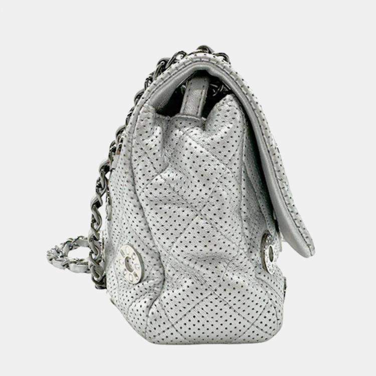 Pre Owned Chanel Silver Leather Perforated Chain Shoulder Bag