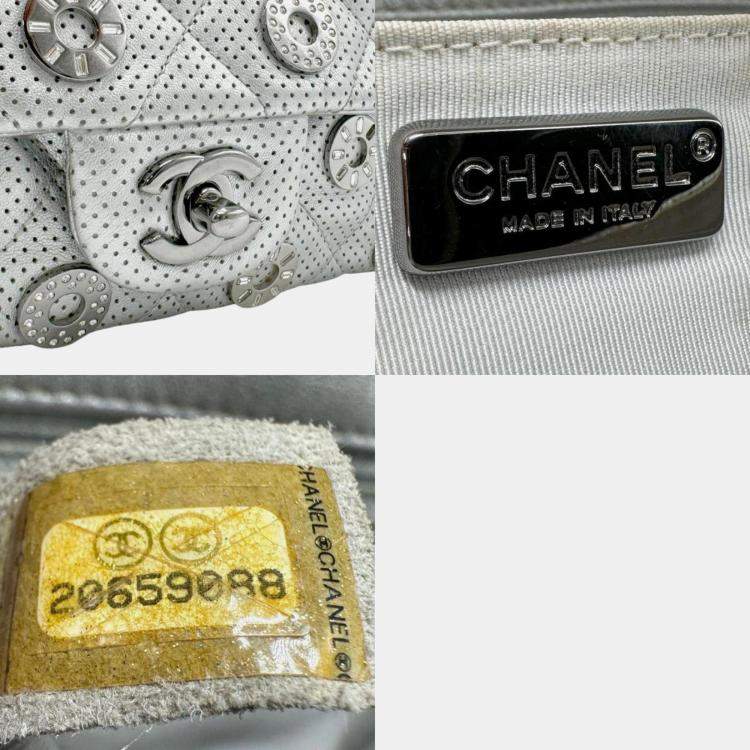 Pre Owned Chanel Silver Leather Perforated Chain Shoulder Bag