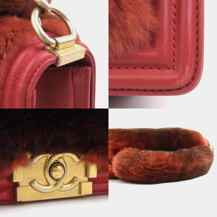 Pre Owned Chanel Brown Red Fur Leather Boy Shoulder Bag