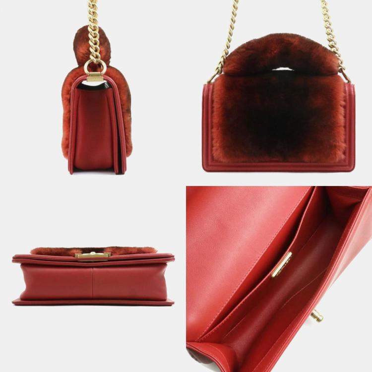 Pre Owned Chanel Brown Red Fur Leather Boy Shoulder Bag