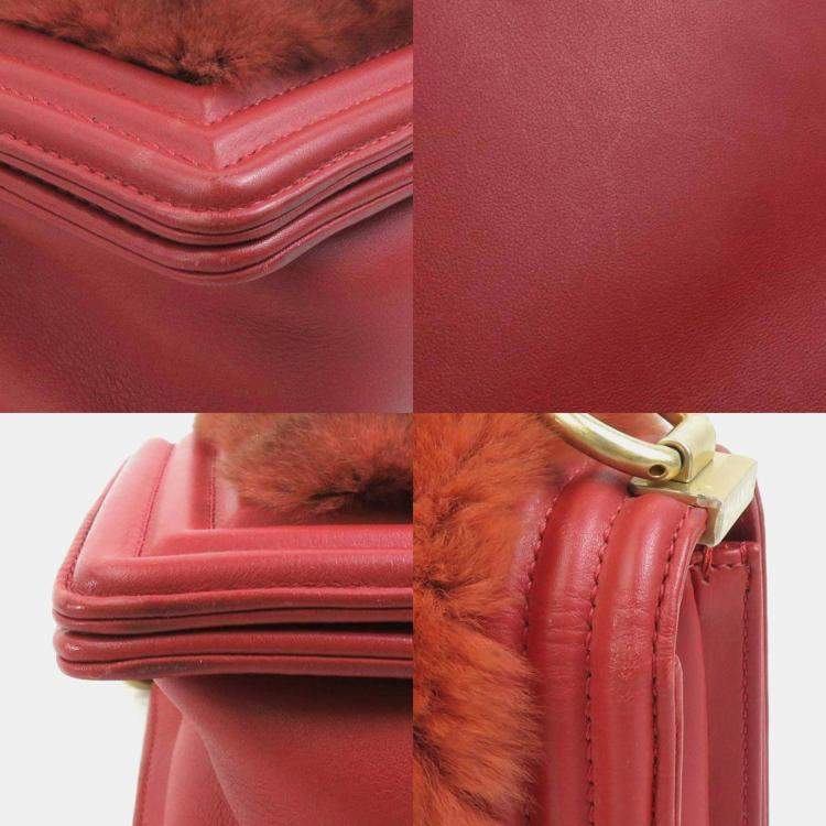 Pre Owned Chanel Brown Red Fur Leather Boy Shoulder Bag