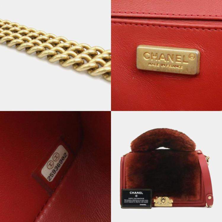 Pre Owned Chanel Brown Red Fur Leather Boy Shoulder Bag