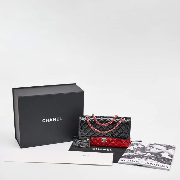 Pre Owned Chanel Black/Red Quilted Patent Leather Medium Classic Double Flap Bag