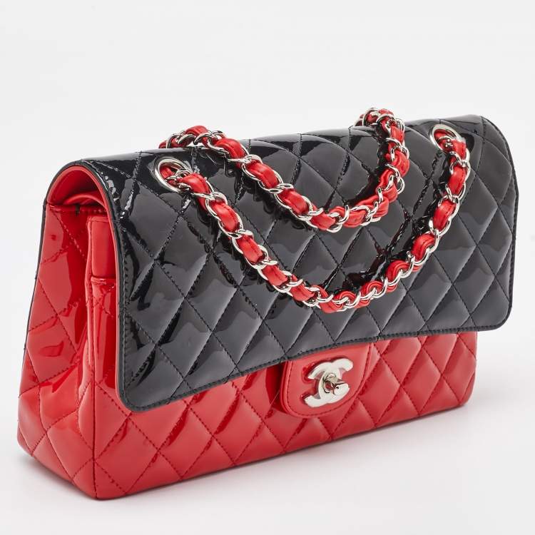 Pre Owned Chanel Black/Red Quilted Patent Leather Medium Classic Double Flap Bag