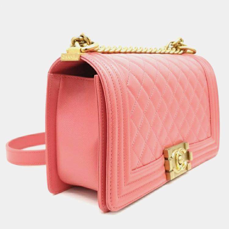 Pre Owned Chanel Pink Caviar Leather Medium Boy Shoulder Bag