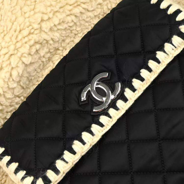 Pre Owned Chanel White Black Wool Nylon Backpack 