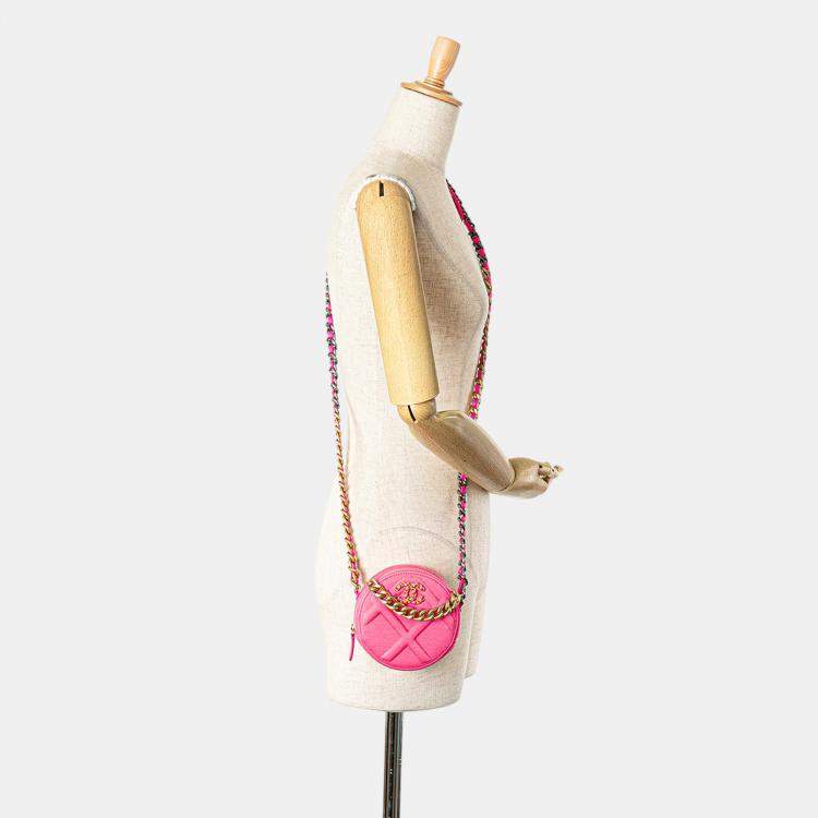 Pre Owned Chanel Pink Jersey 19 Round Clutch on Chain Bag