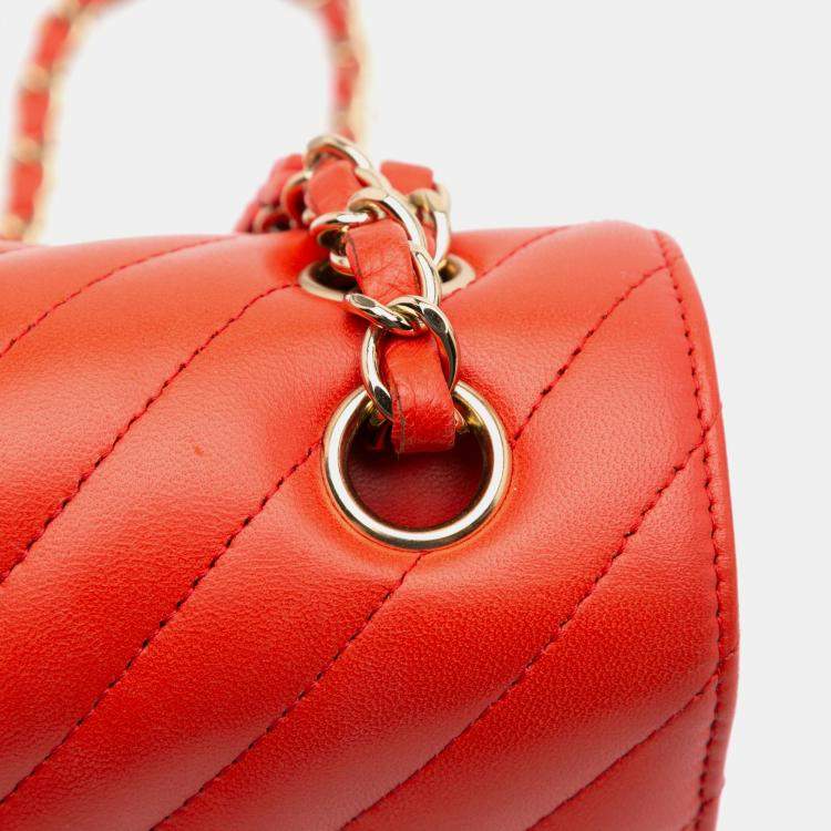 Pre Owned Chanel Orange Chevron Quilted Lambskin Small Classic Double Flap Bag