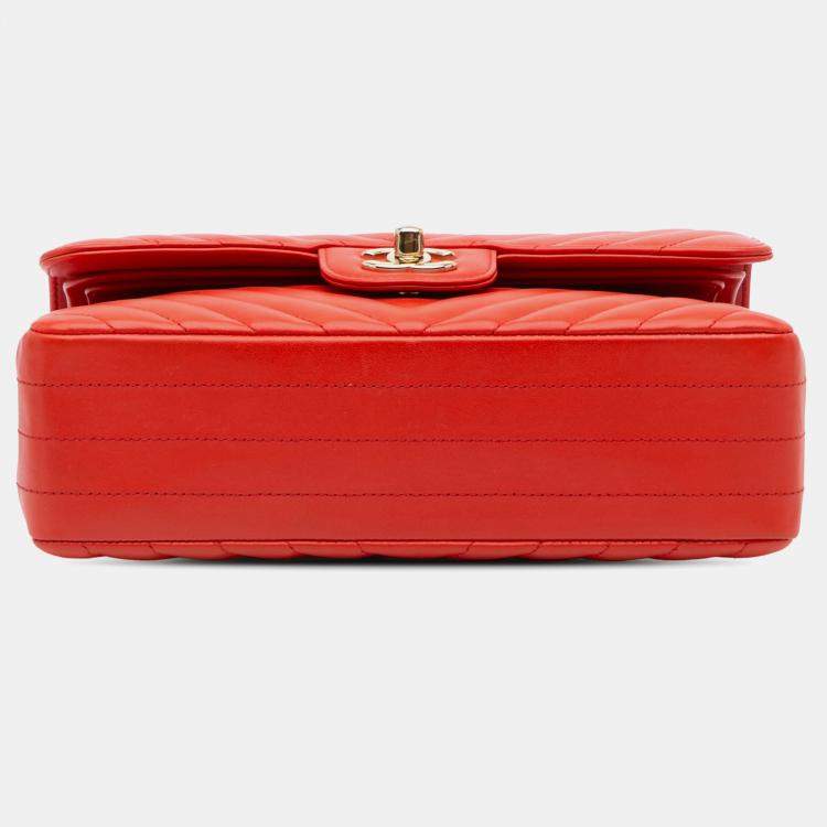 Pre Owned Chanel Orange Chevron Quilted Lambskin Small Classic Double Flap Bag