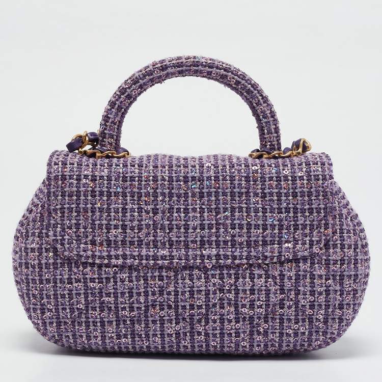 Pre Owned Chanel Purple Quilted Tweed and Sequins Top Handle Bag
