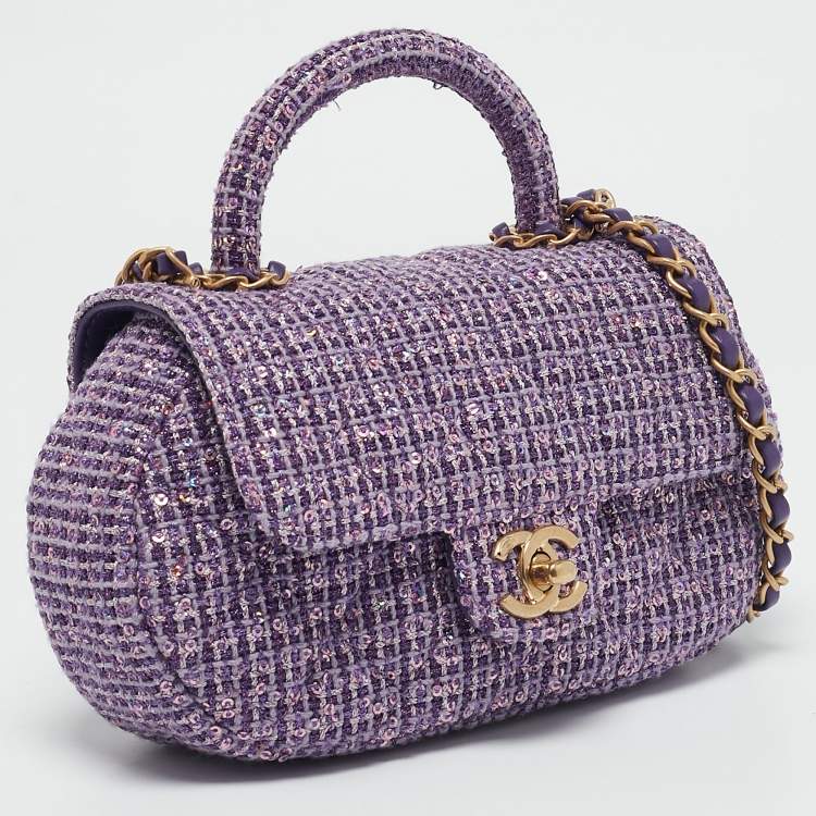 Pre Owned Chanel Purple Quilted Tweed and Sequins Top Handle Bag