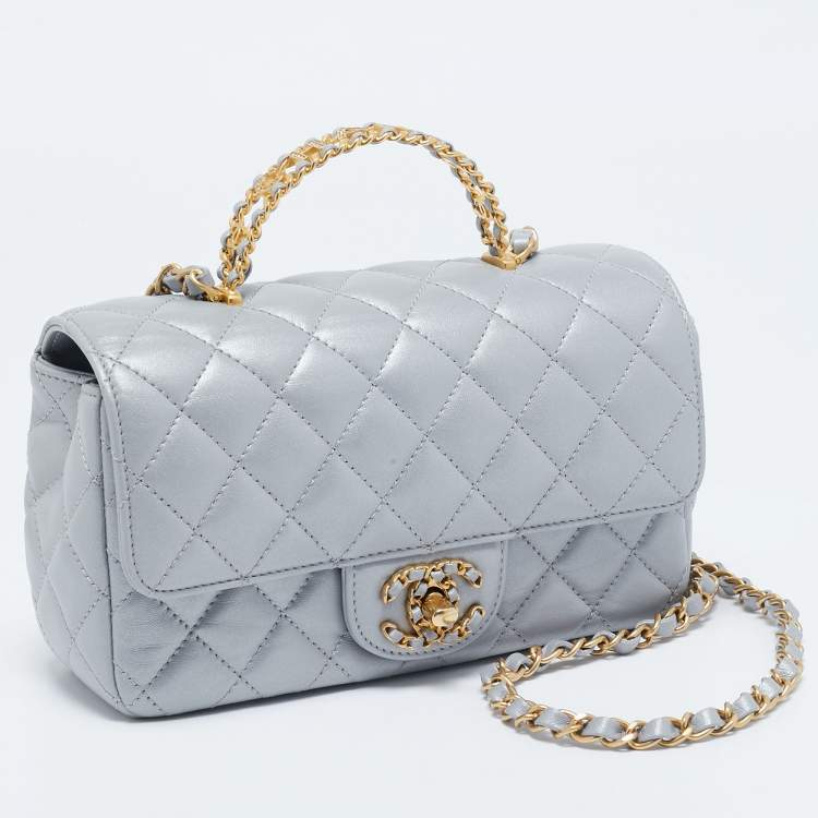 Pre Owned Chanel Grey Quilted Leather Flap Bag Top Handle Bag
