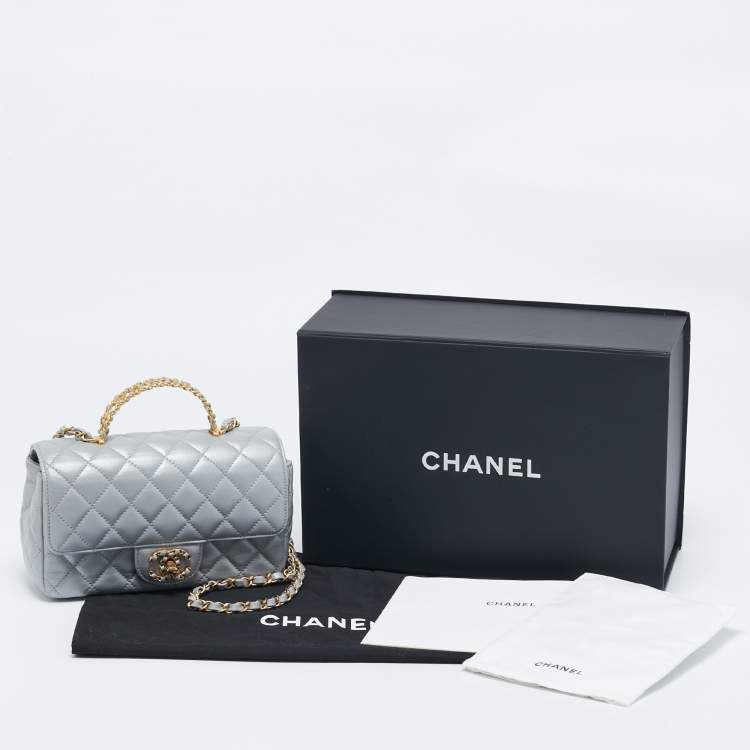 Pre Owned Chanel Grey Quilted Leather Flap Bag Top Handle Bag