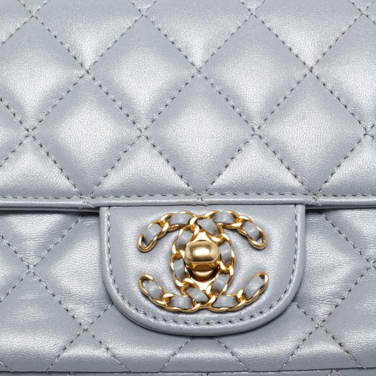 Pre Owned Chanel Grey Quilted Leather Flap Bag Top Handle Bag