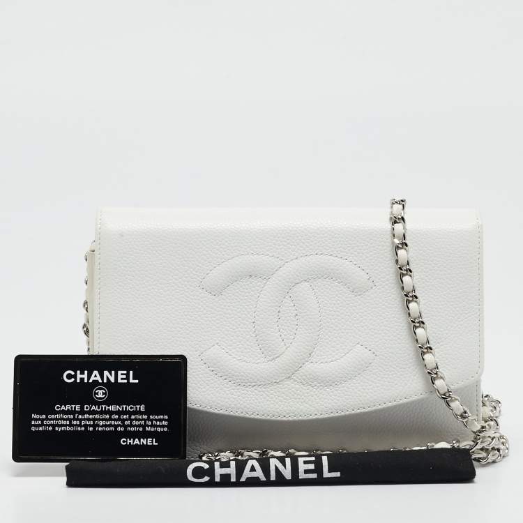 Pre Owned Chanel White Caviar Leather CC Timeless Wallet on Chain