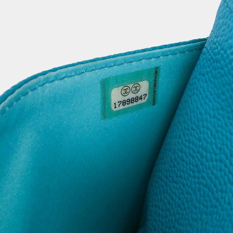 Pre Owned Chanel Aqua Blue Caviar Bicolor CC Wallet On Chain Bag