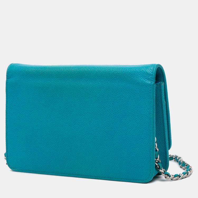 Pre Owned Chanel Aqua Blue Caviar Bicolor CC Wallet On Chain Bag