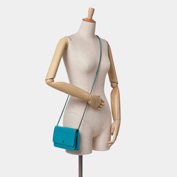 Pre Owned Chanel Aqua Blue Caviar Bicolor CC Wallet On Chain Bag