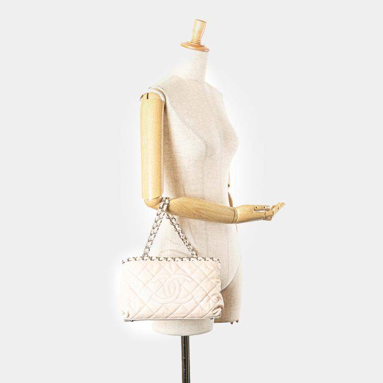 Pre Owned Chanel Light Beige Mini Quilted Lambskin Chain Me Tote Bag