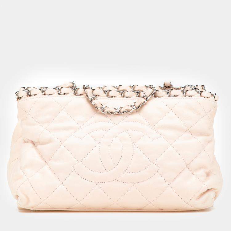Pre Owned Chanel Light Beige Mini Quilted Lambskin Chain Me Tote Bag