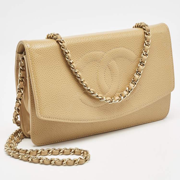 Pre Owned Chanel Beige Caviar Leather CC Timeless Wallet On Chain