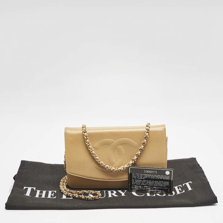 Pre Owned Chanel Beige Caviar Leather CC Timeless Wallet On Chain