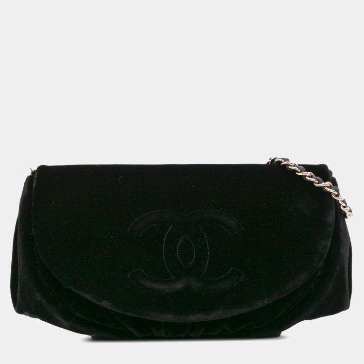 Pre Owned Chanel Black Velvet CC Half Moon Wallet on Chain