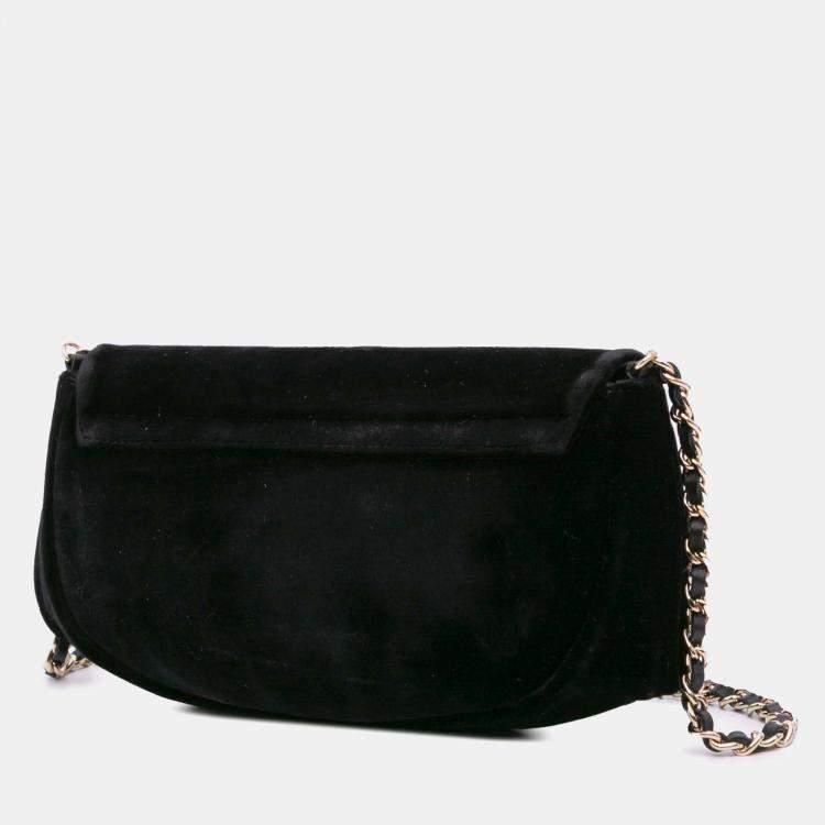 Pre Owned Chanel Black Velvet CC Half Moon Wallet on Chain