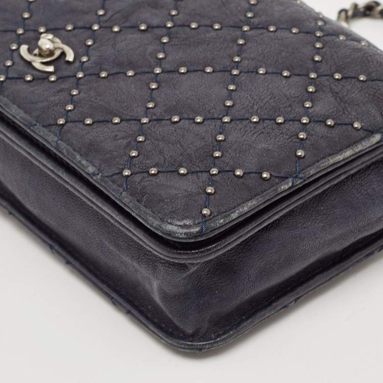 Pre Owned Chanel Navy Blue Quilted Leather CC Studded Wallet On Chain
