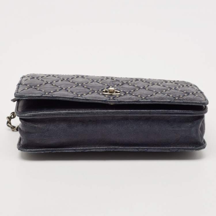 Pre Owned Chanel Navy Blue Quilted Leather CC Studded Wallet On Chain