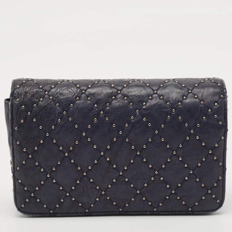 Pre Owned Chanel Navy Blue Quilted Leather CC Studded Wallet On Chain