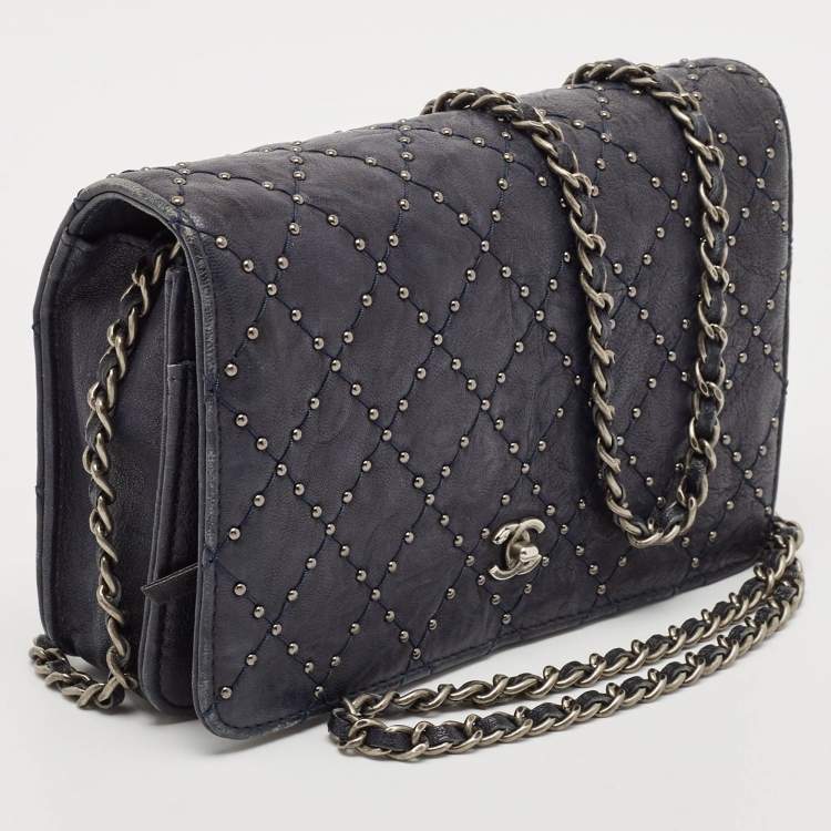 Pre Owned Chanel Navy Blue Quilted Leather CC Studded Wallet On Chain