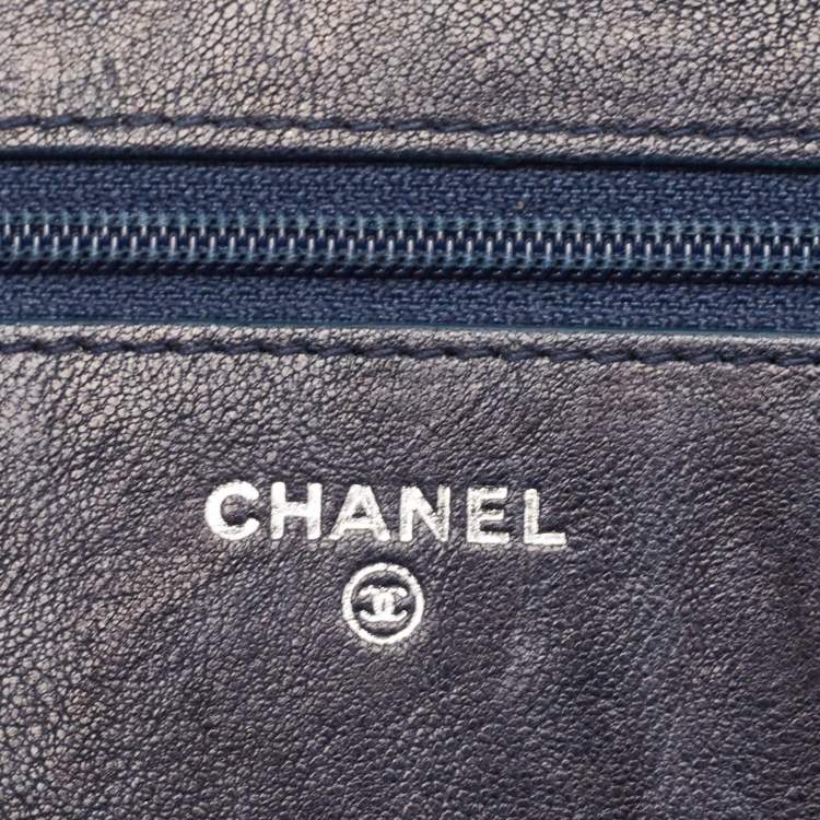 Pre Owned Chanel Navy Blue Quilted Leather CC Studded Wallet On Chain