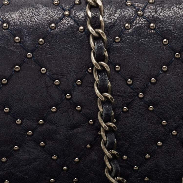 Pre Owned Chanel Navy Blue Quilted Leather CC Studded Wallet On Chain