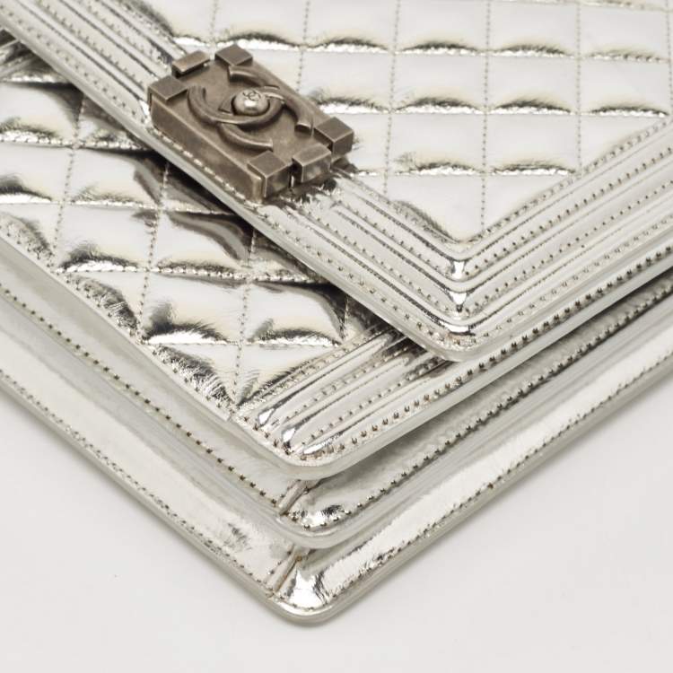 Pre Owned Chanel Silver Quilted Patent Leather North South Boy Flap Bag