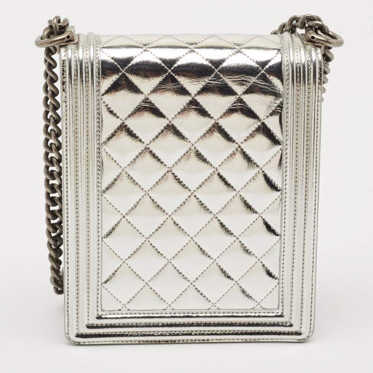 Pre Owned Chanel Silver Quilted Patent Leather North South Boy Flap Bag