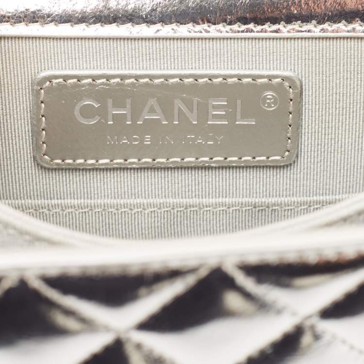 Pre Owned Chanel Silver Quilted Patent Leather North South Boy Flap Bag