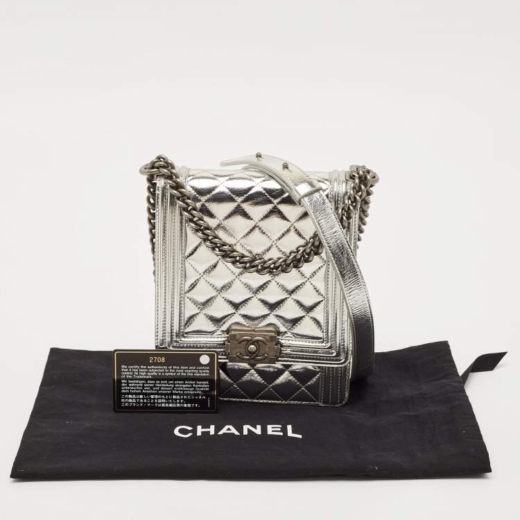Pre Owned Chanel Silver Quilted Patent Leather North South Boy Flap Bag