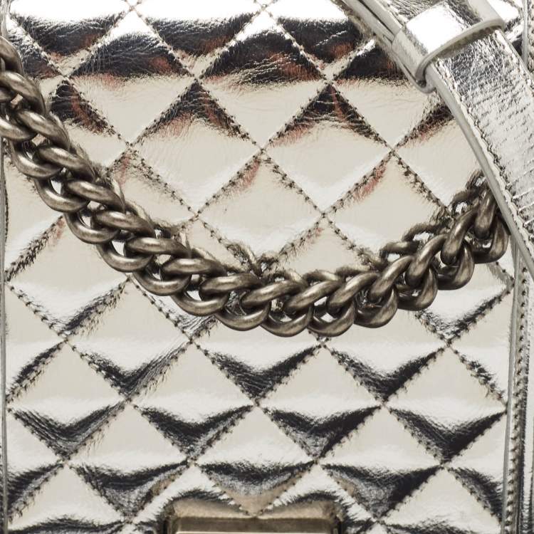 Pre Owned Chanel Silver Quilted Patent Leather North South Boy Flap Bag