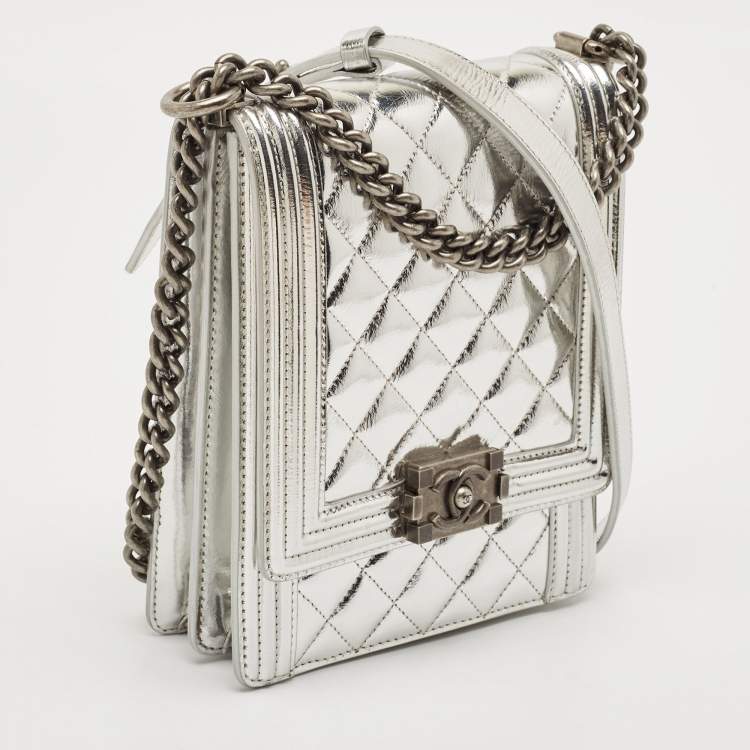 Pre Owned Chanel Silver Quilted Patent Leather North South Boy Flap Bag