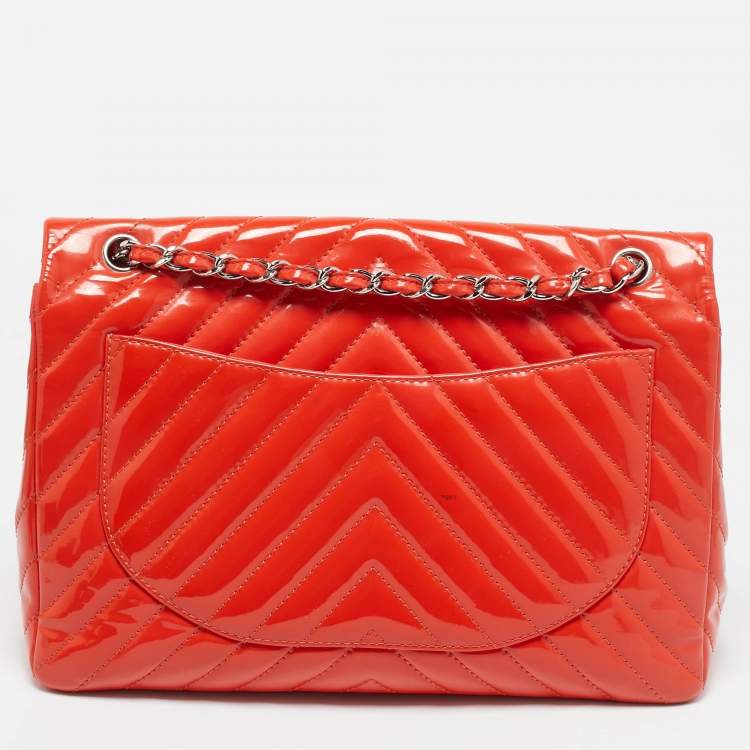 Pre Owned Chanel Orange Chevron Patent Leather Maxi Classic Single Flap Bag