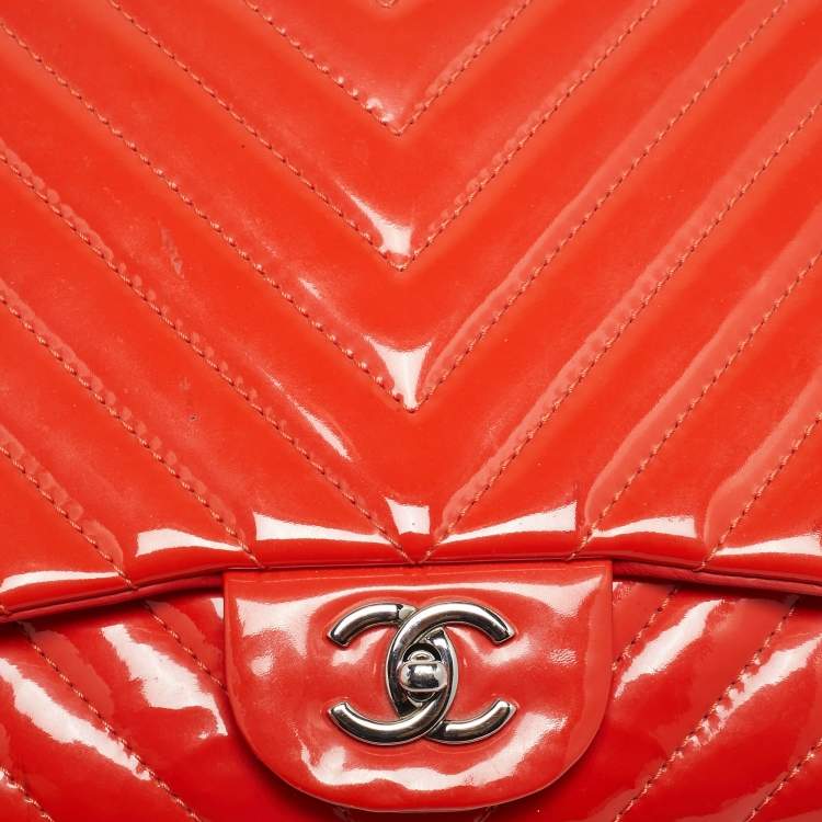 Pre Owned Chanel Orange Chevron Patent Leather Maxi Classic Single Flap Bag